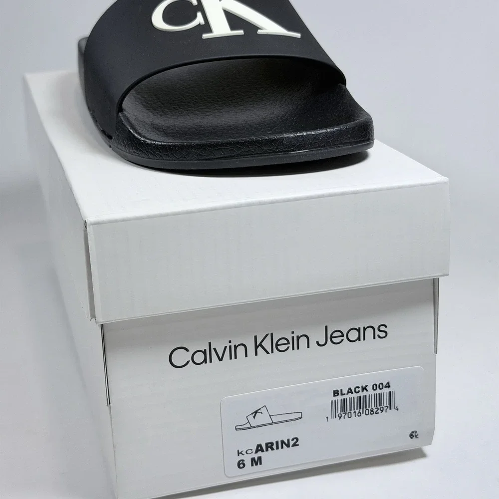 Calvin Klein Size-6M Womens Slide Sandals Arin Logo Beach Black